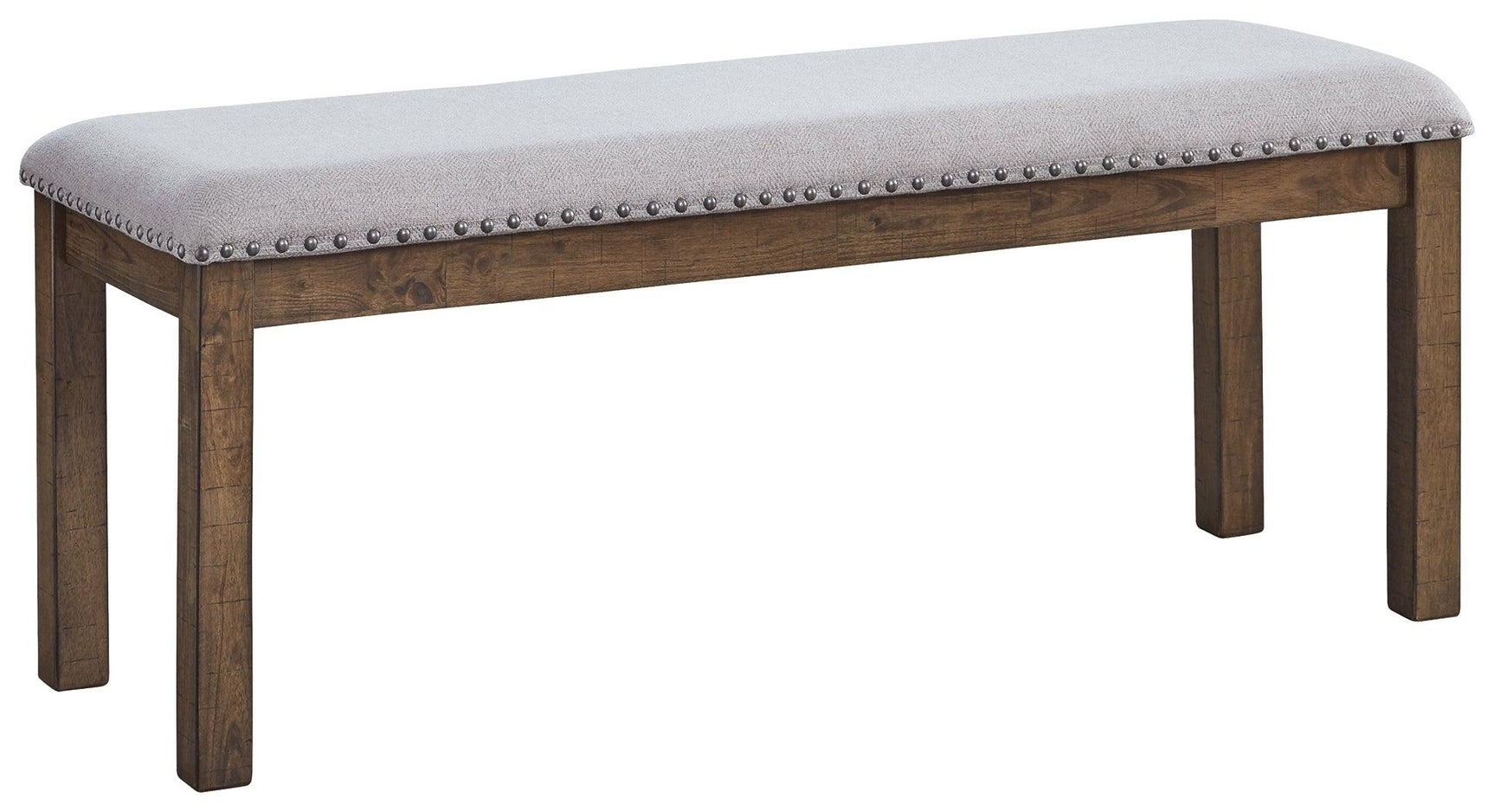 Moriville Beige Dining Bench side angle showing nailhead trim