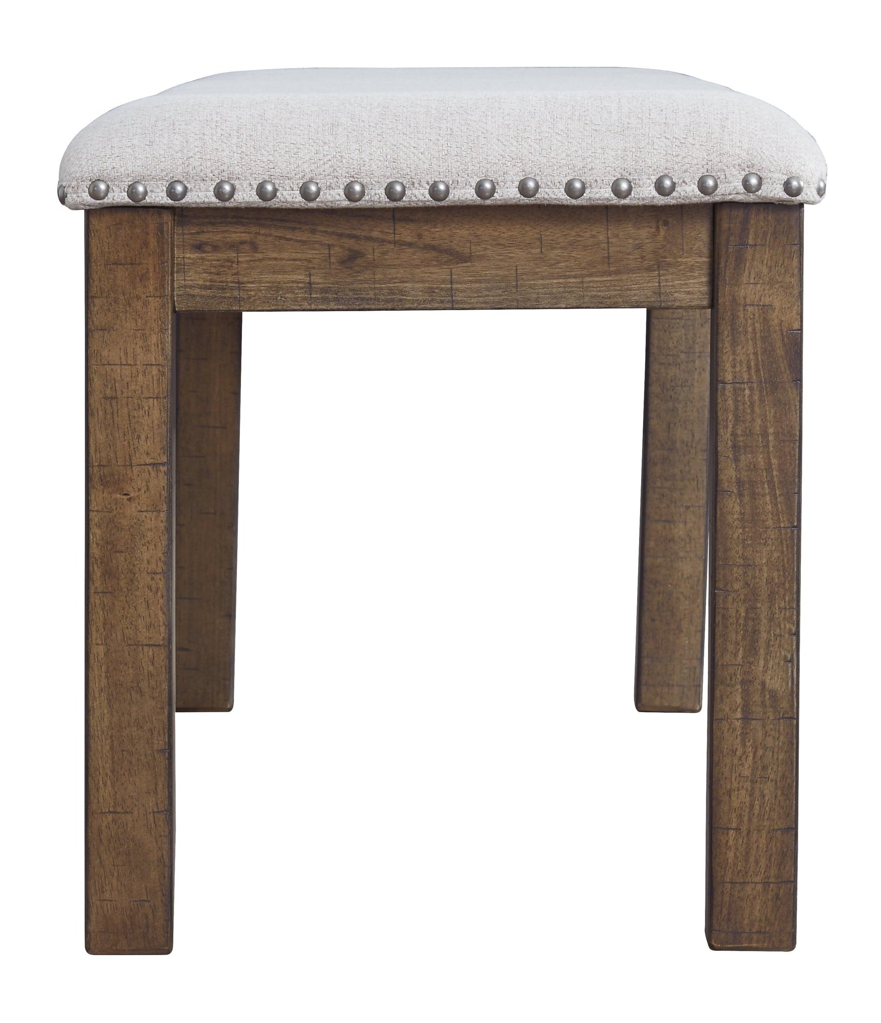 Side view of Moriville Dining Bench showing wood finish