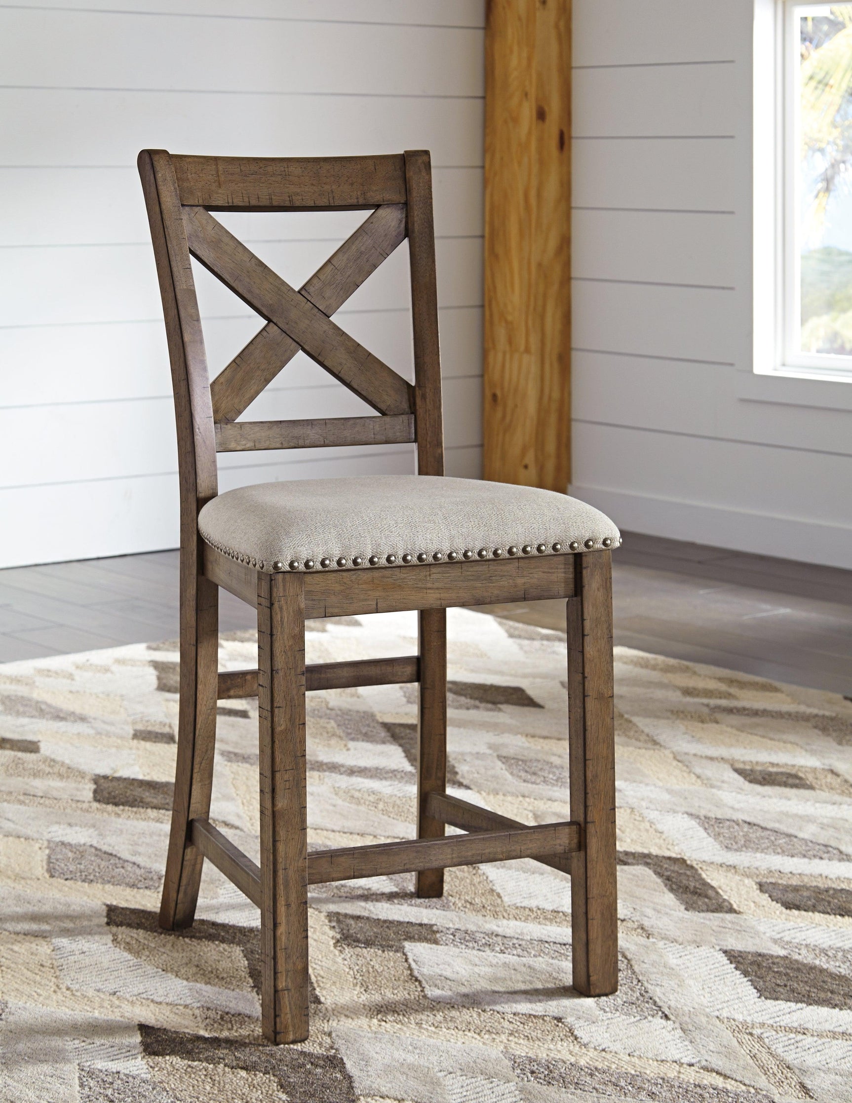 Moriville Beige Upholstered Counter Height Bar Stool back view
