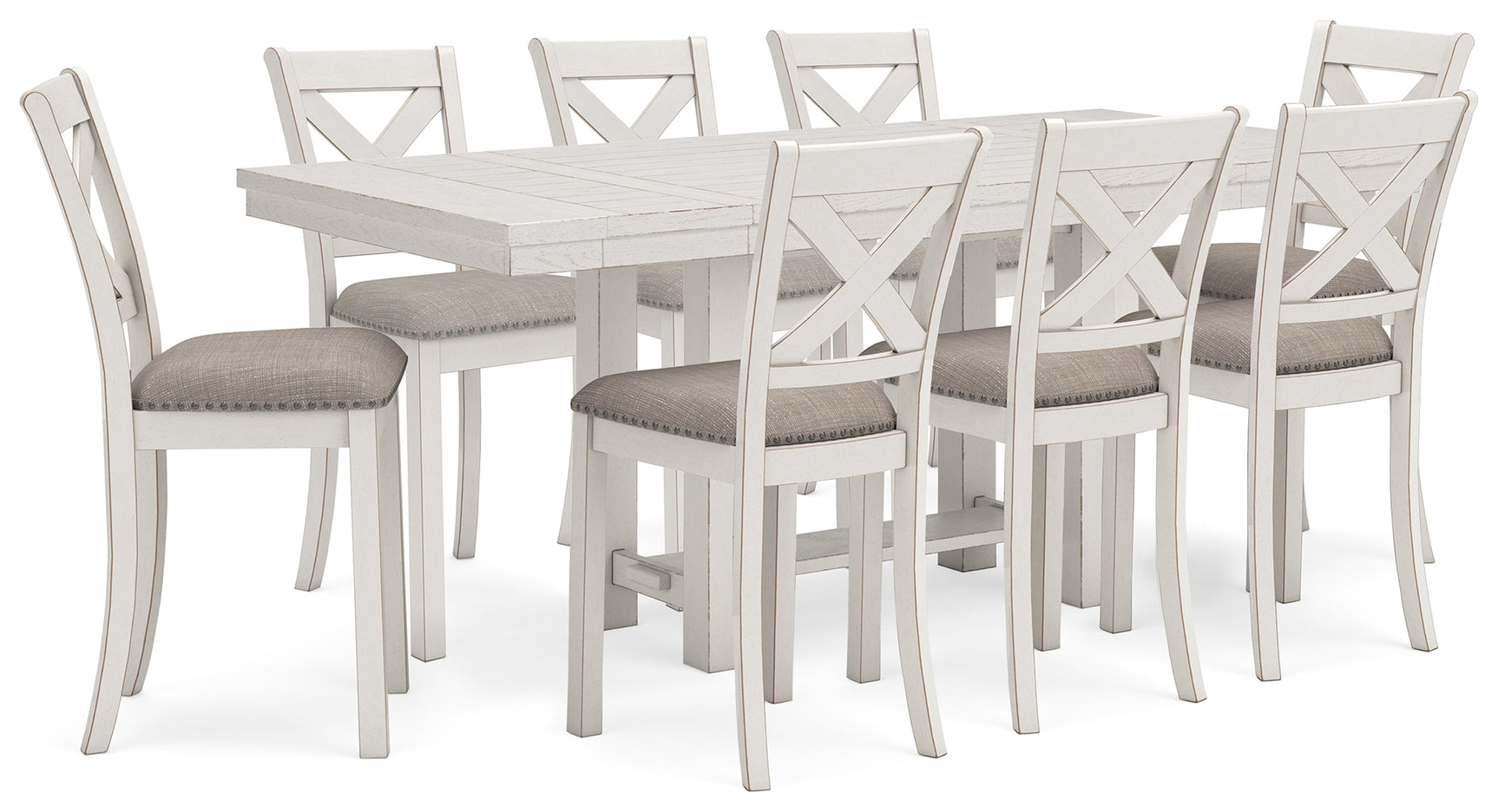 Light gray upholstered barstools arranged around Robbinsdale dining table