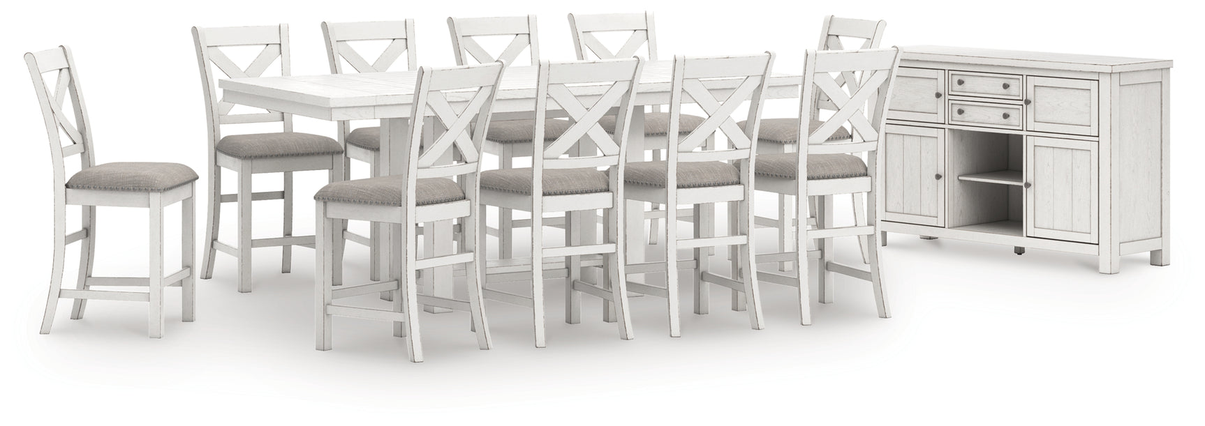 Robbinsdale antique white counter height dining table with 10 barstools and storage