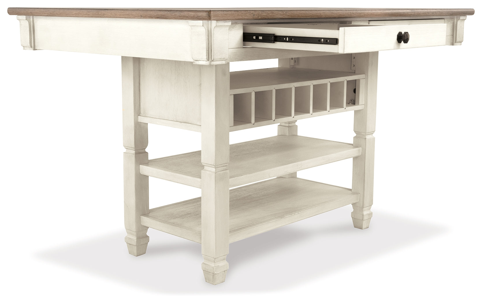 Dining table with barstools and bench in room setting