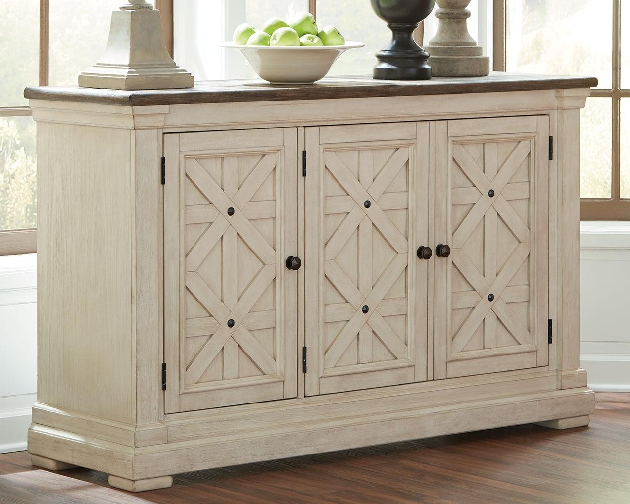 Close-up of Bolanburg Dining Server weathered oak top surface