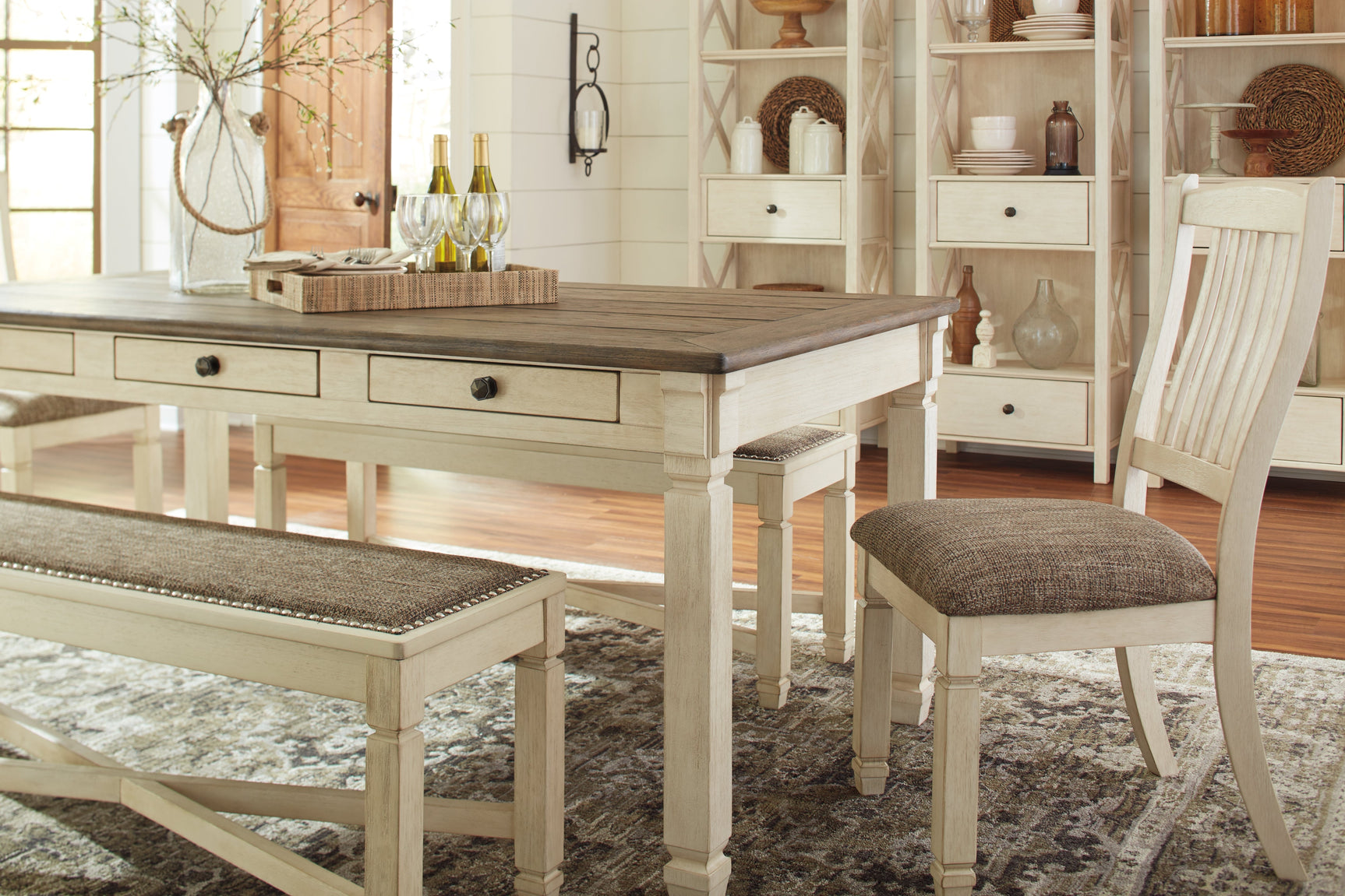Front angle of Bolanburg Dining Table in decorated dining room