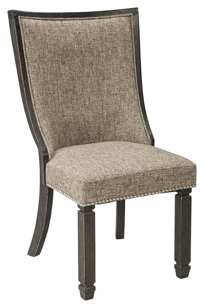 Tyler Creek upholstered dining chair side view showing tapered legs