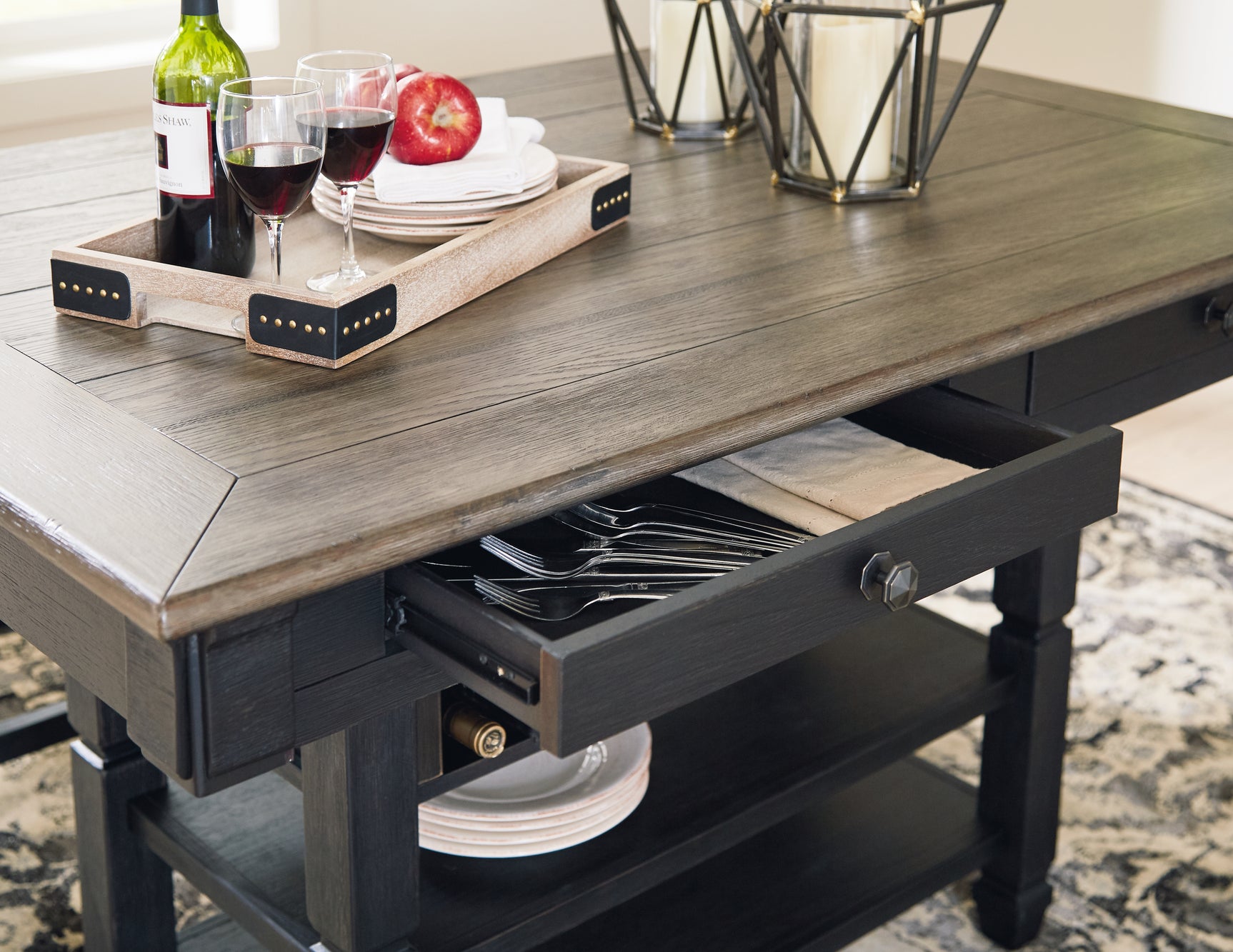 Drawer detail on dining table base for storage
