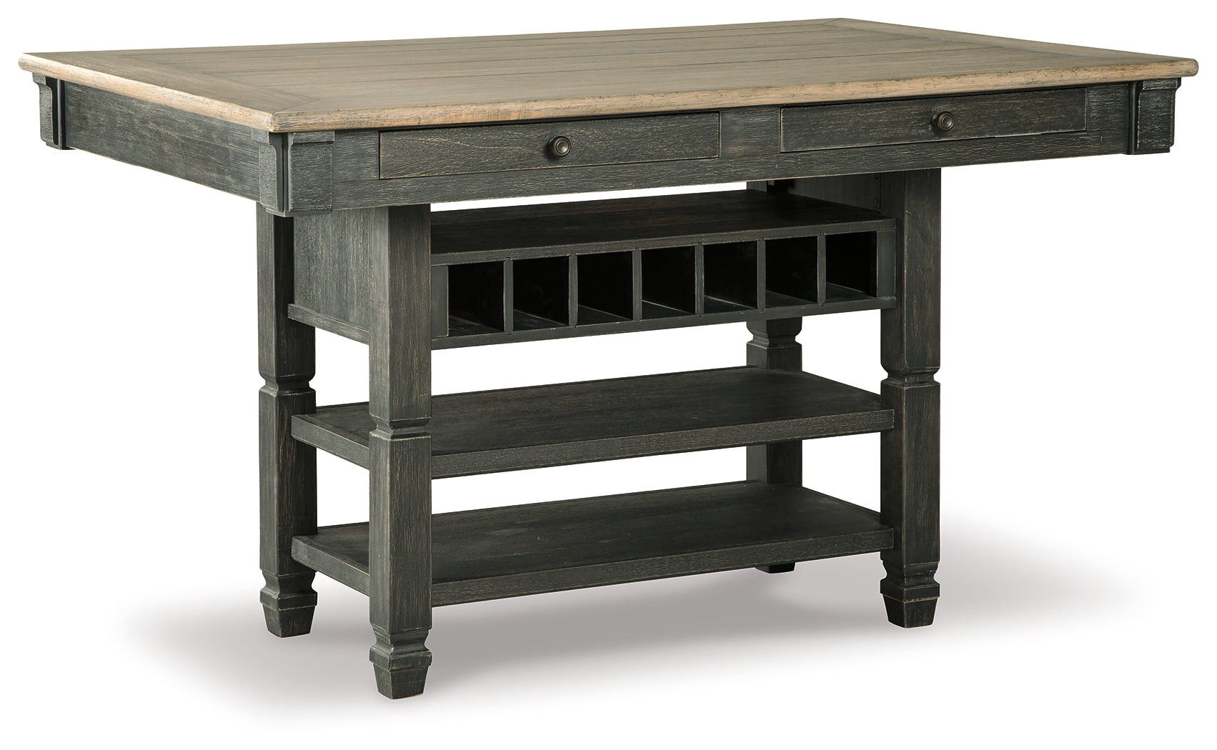 Tyler Creek dining bench with woven fabric upholstery and black finish
