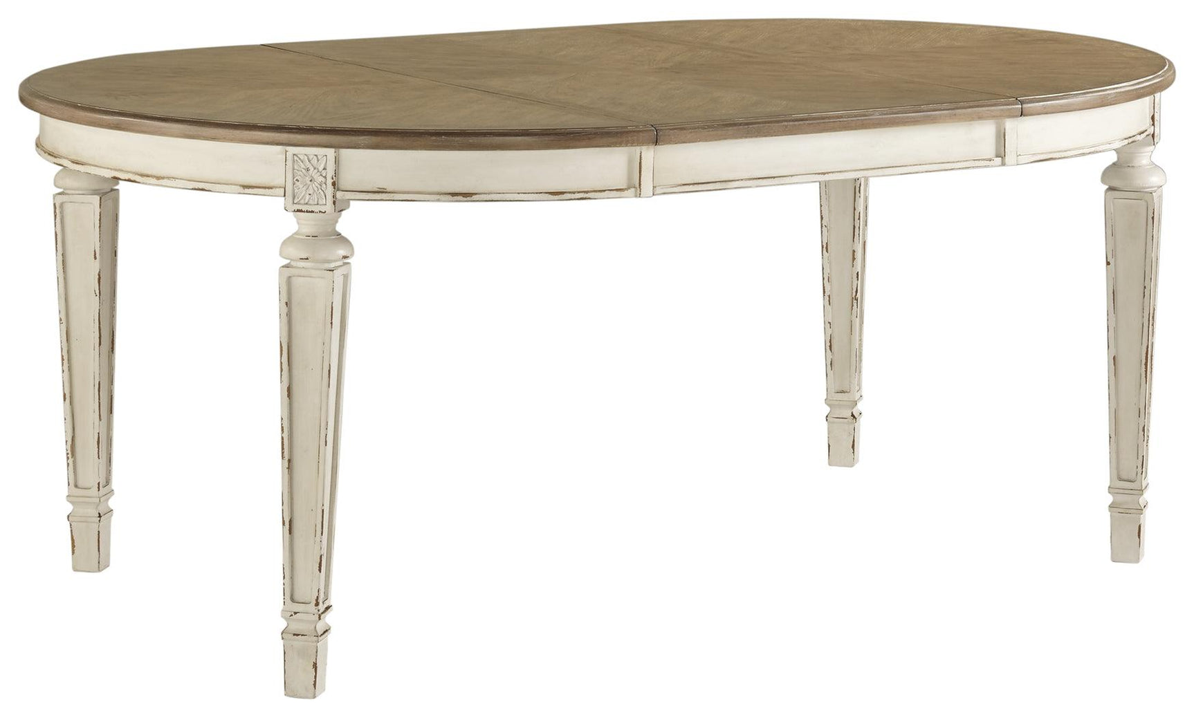 Realyn Dining Table top detail showing chipped white and distressed wood finish