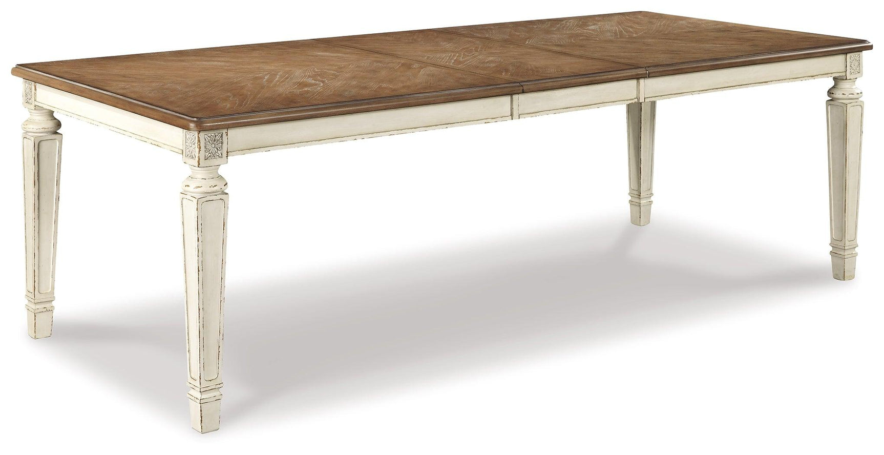 Side angle of Realyn Chipped White Extendable Dining Table