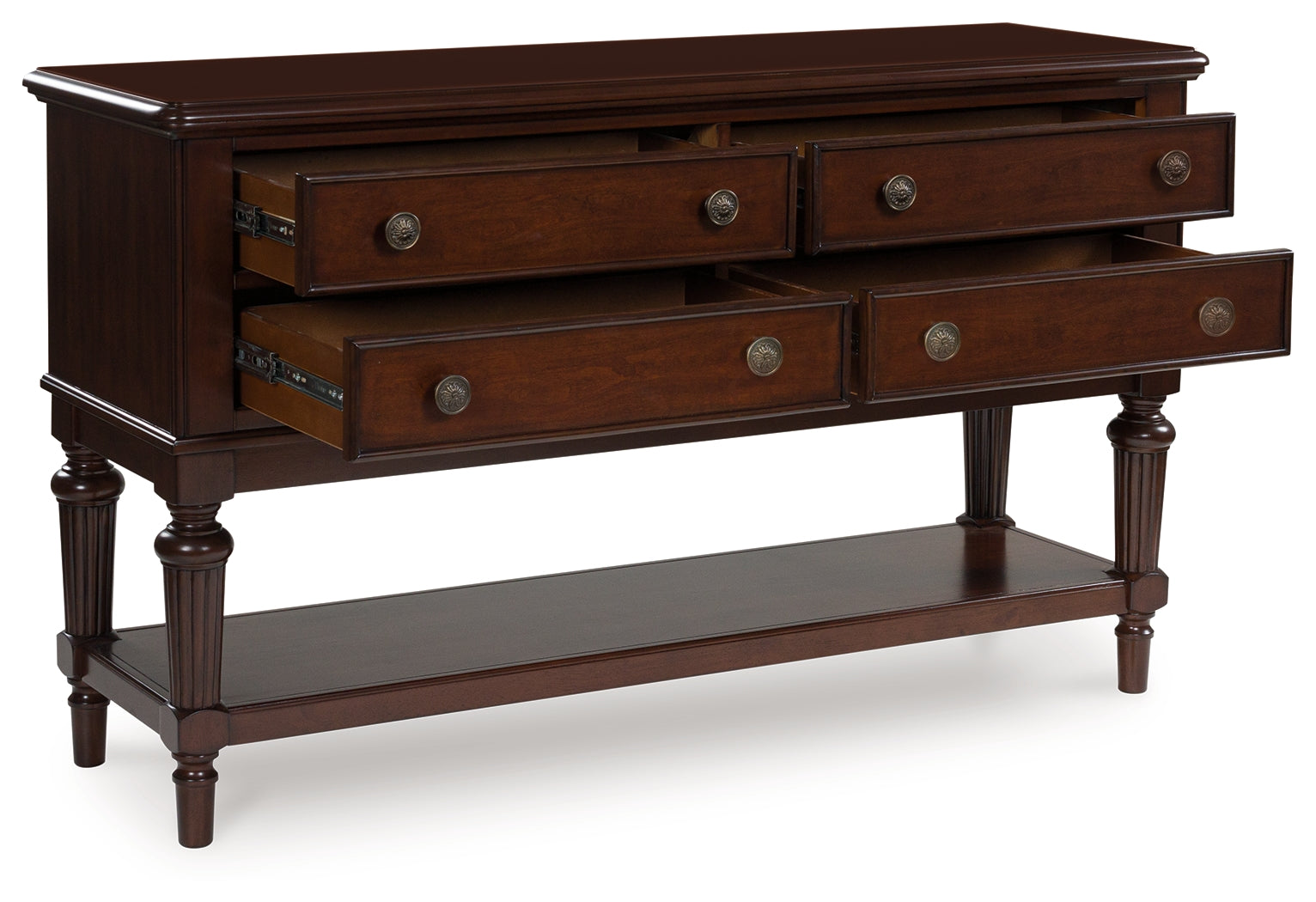 Lavinton Brown Dining Server angled view with drawers open