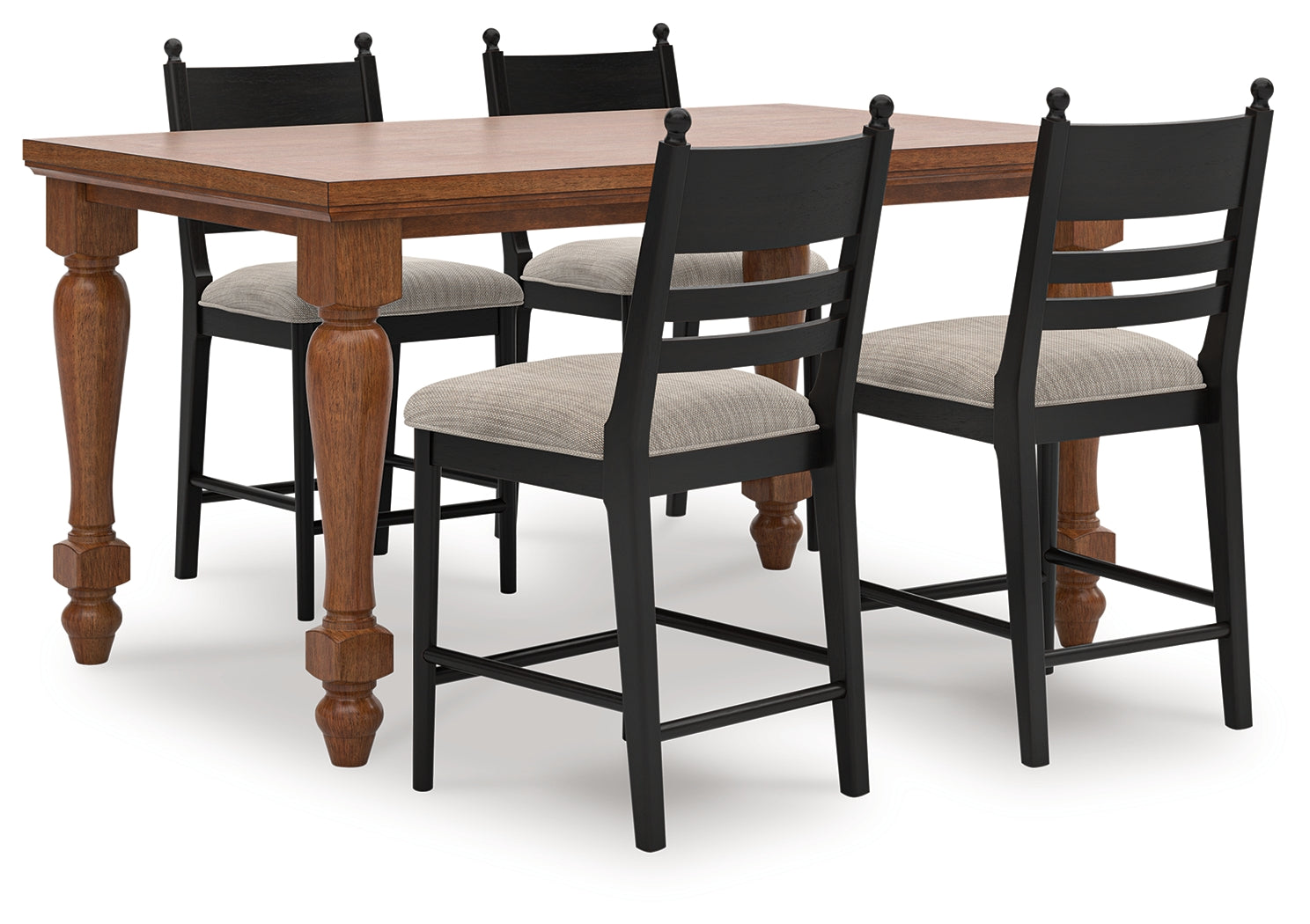 Brown counter height dining table and barstools angled view