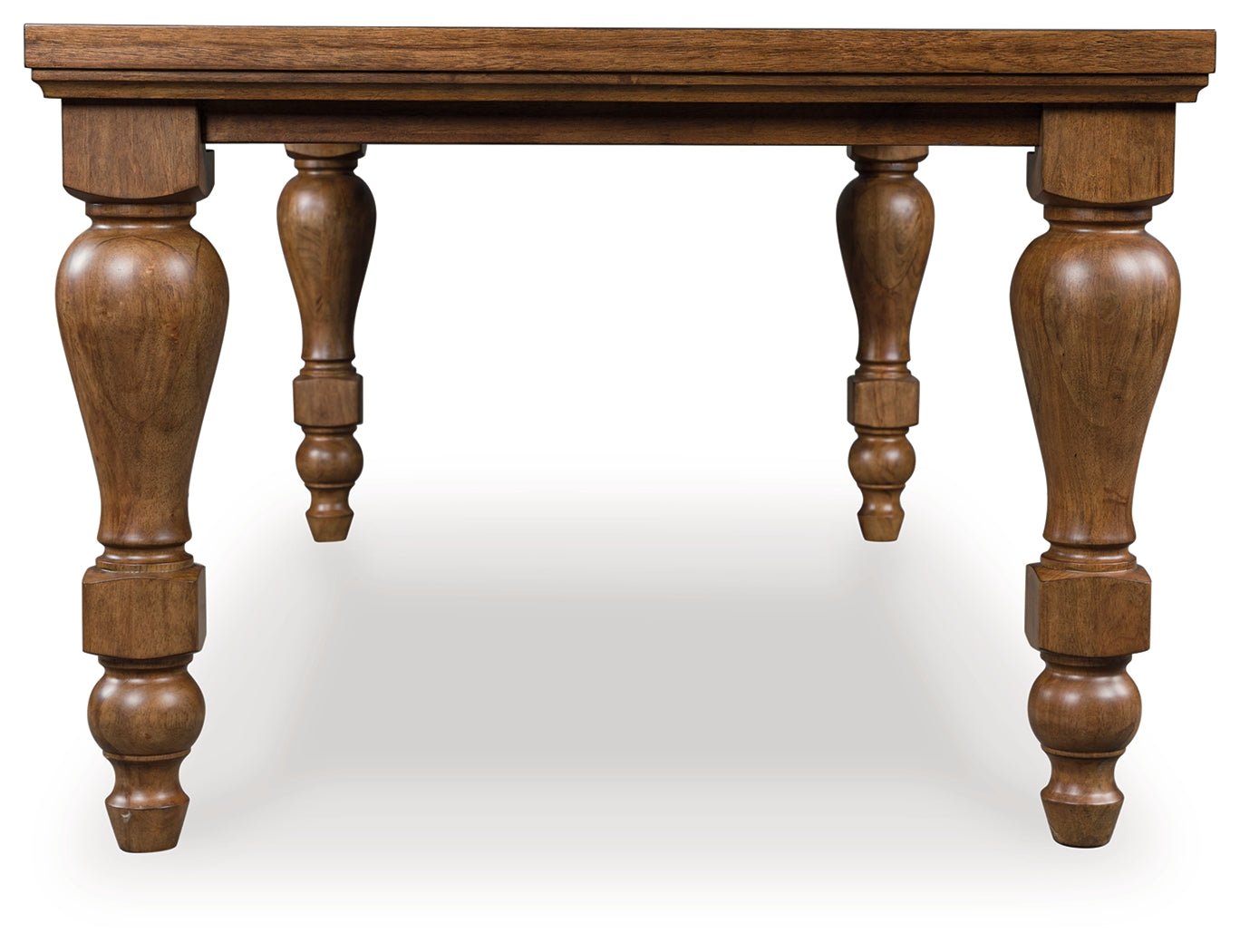 Side view of Greddinton Brown Dining Table showcasing turned leg