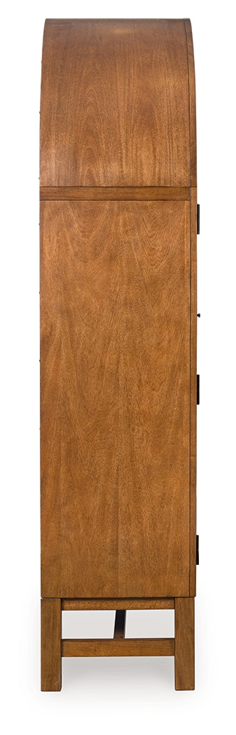 Side view of Greddinton brown black display cabinet