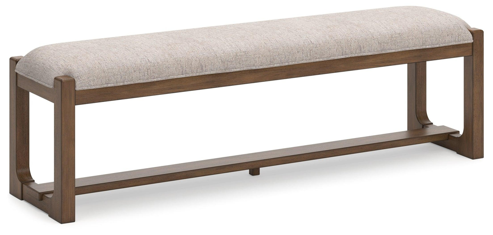 Side view of Cabalynn 63-inch upholstered dining bench in oatmeal and light brown