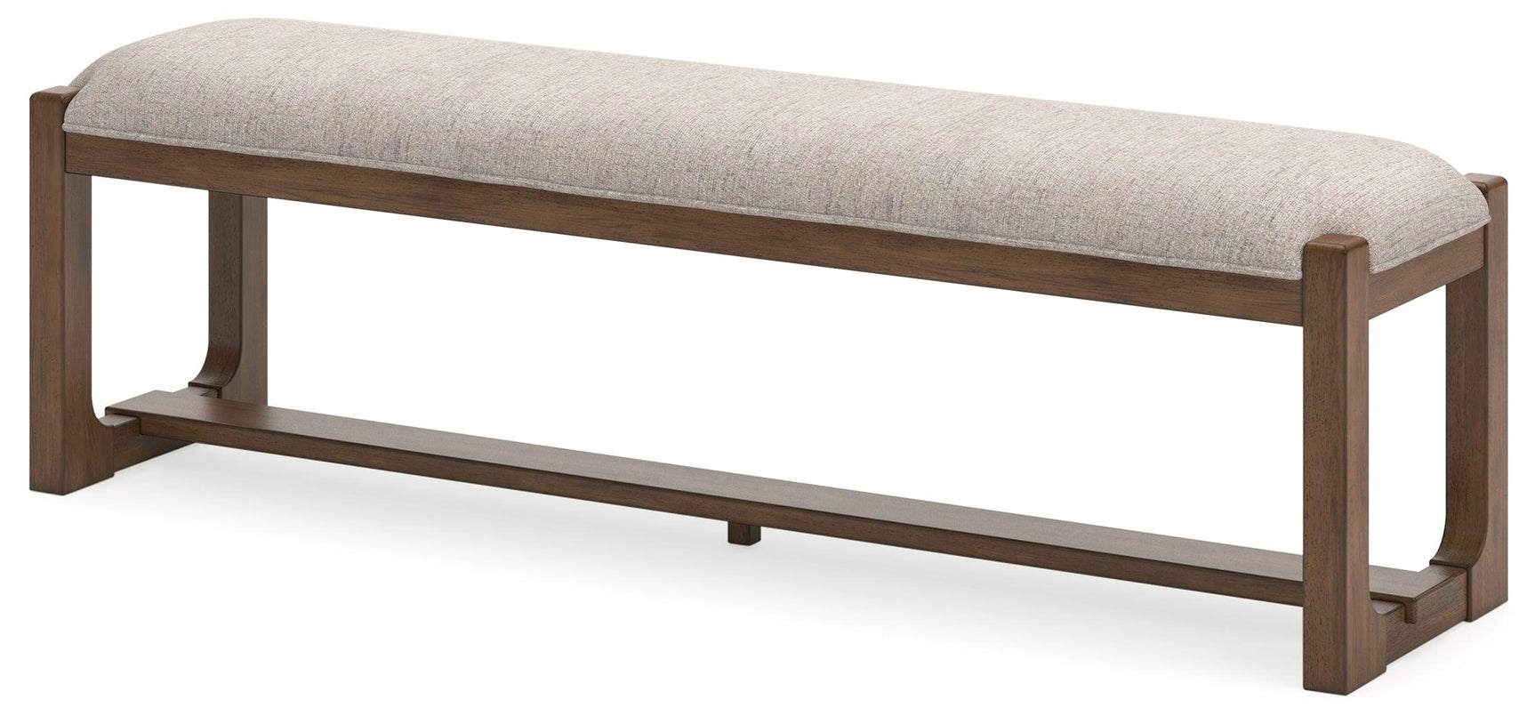 Close-up of foam cushioned oatmeal polyester seat on Cabalynn dining bench