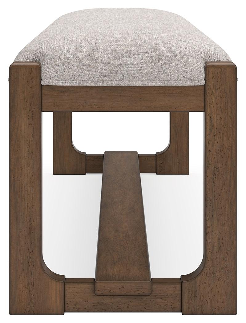 Bench detail showing stitching and hardwood frame of Cabalynn dining bench