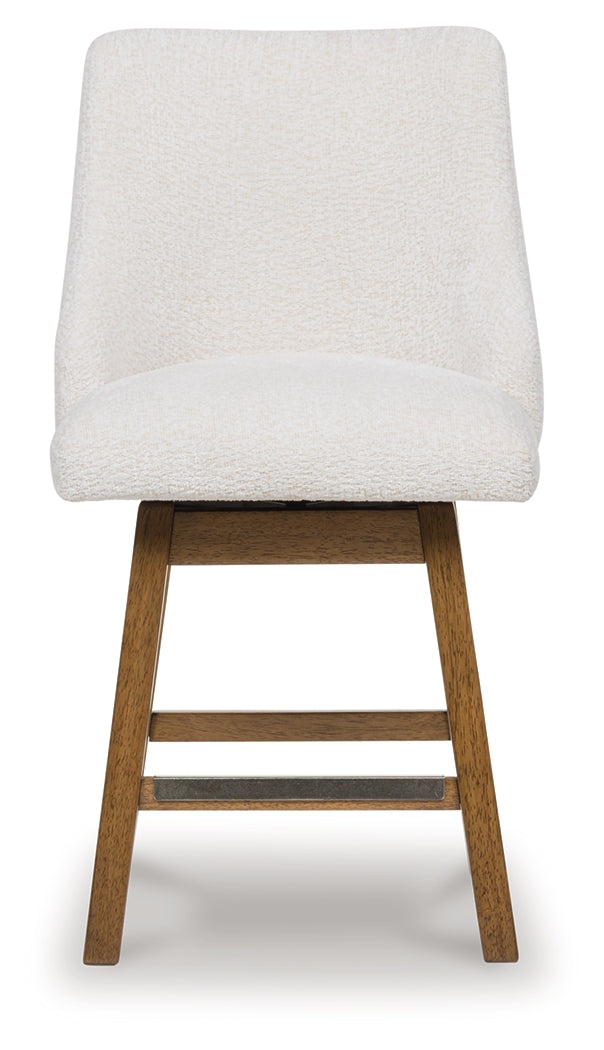 Cabalynn counter height barstool in oatmeal fabric and light brown wood finish