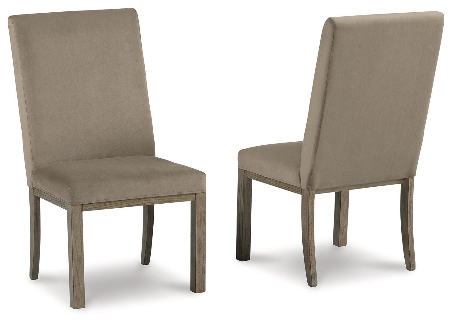 Side angle of Chrestner Gray Brown Dining Chair showing sloped arms