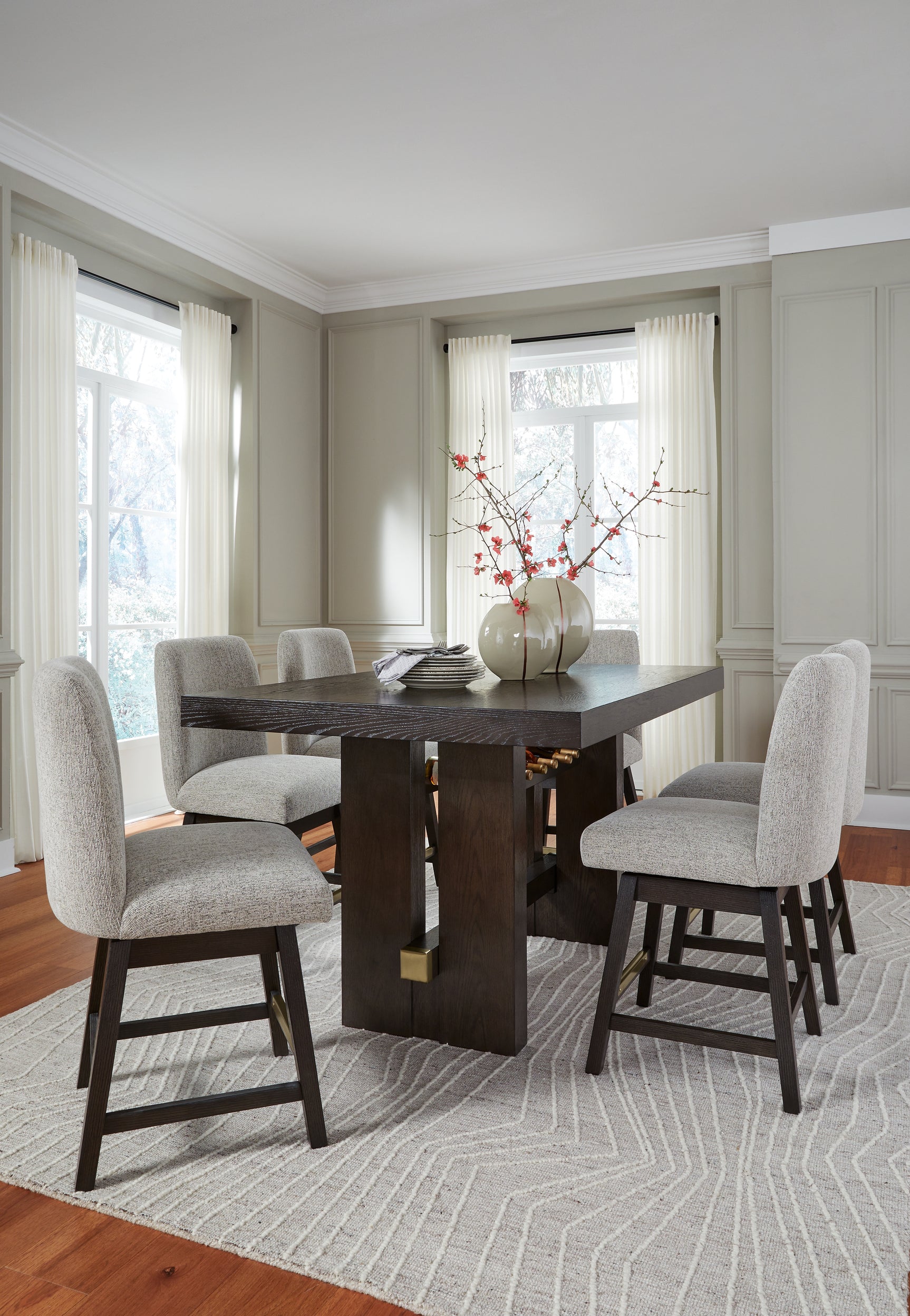 Angled view of Burkhaus dining barstools with dark brown finish