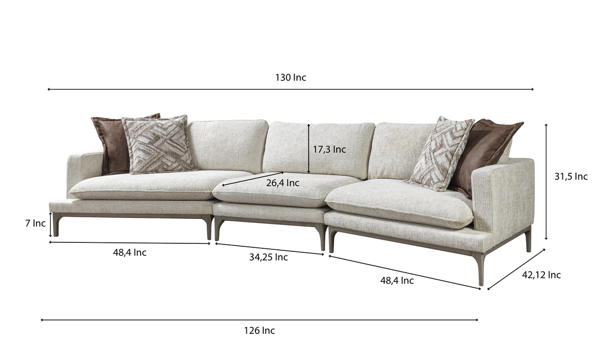 Alexis Ivory Linen 3-Piece Curved 126" Sectional Sofa with Ottoman main view