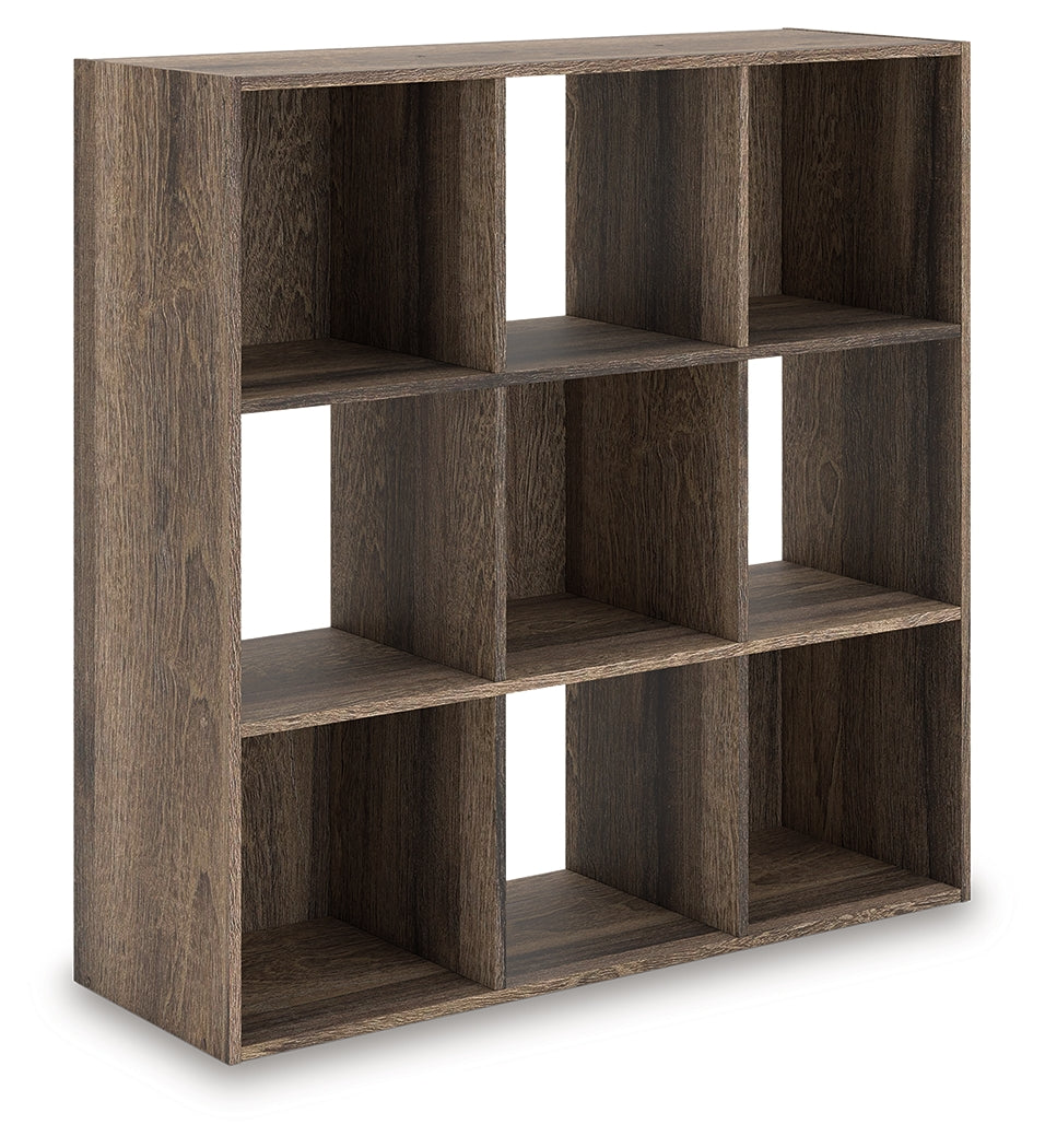Angled view of Shallifer 9-Cube Organizer showing textured oak laminate