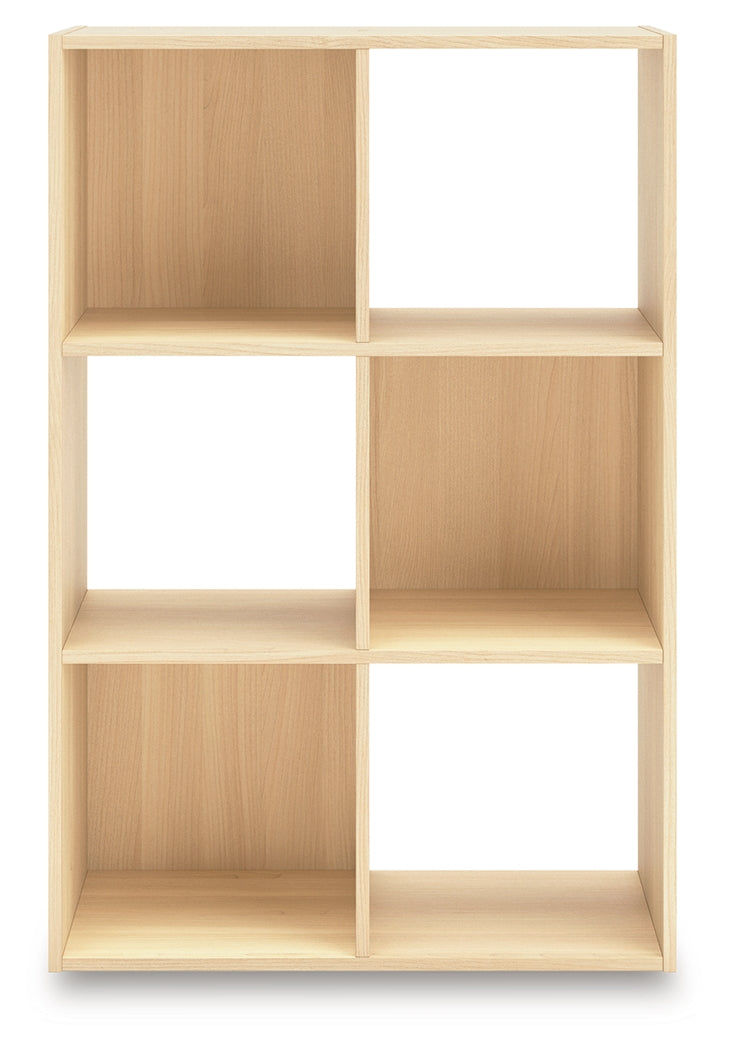 Head-on view of six-cube organizer with replicated ash wood grain