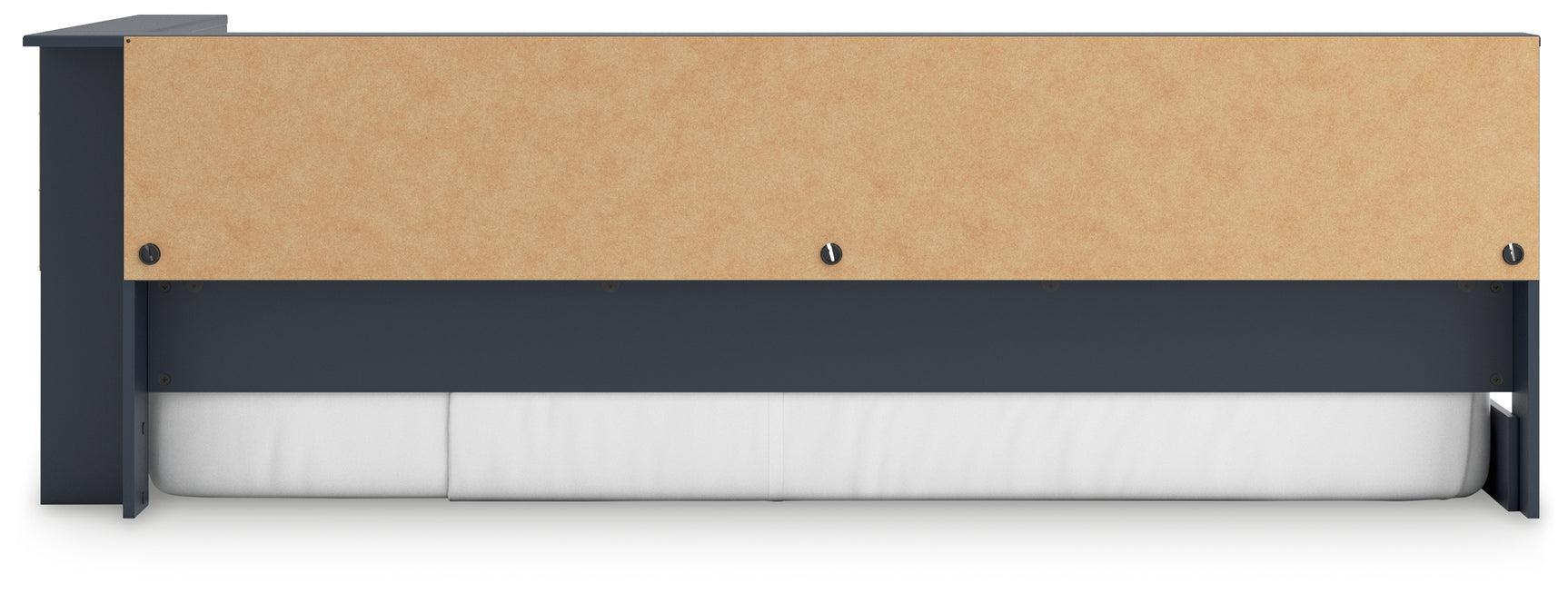 Side profile of Simmenfort navy blue twin bookcase storage bed