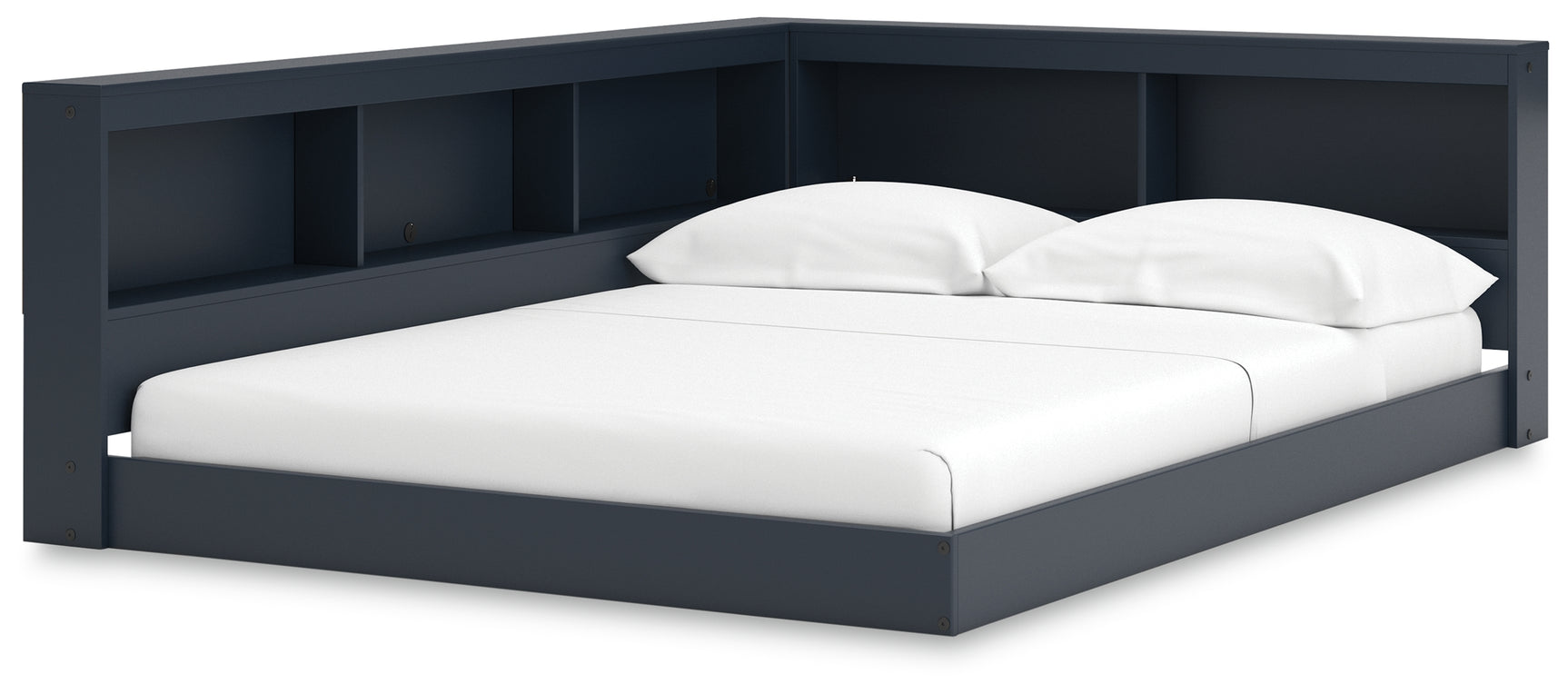 Simmenfort full bookcase bed side angle showing storage