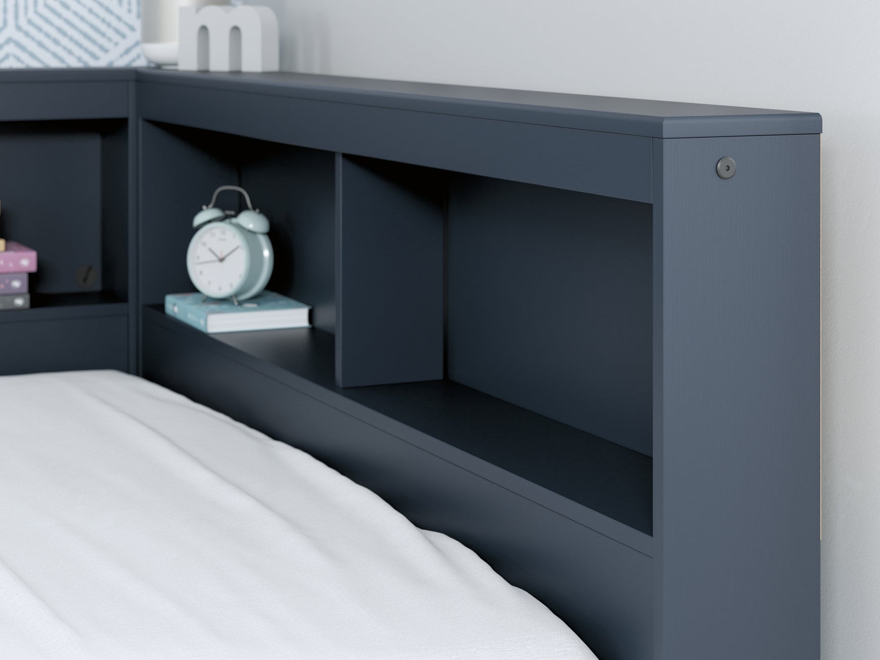 Simmenfort navy blue full bed close-up of bookcase storage