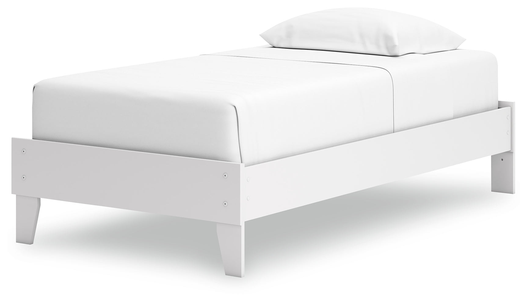 Hallityn White Twin Platform Bed angled view showing frame details