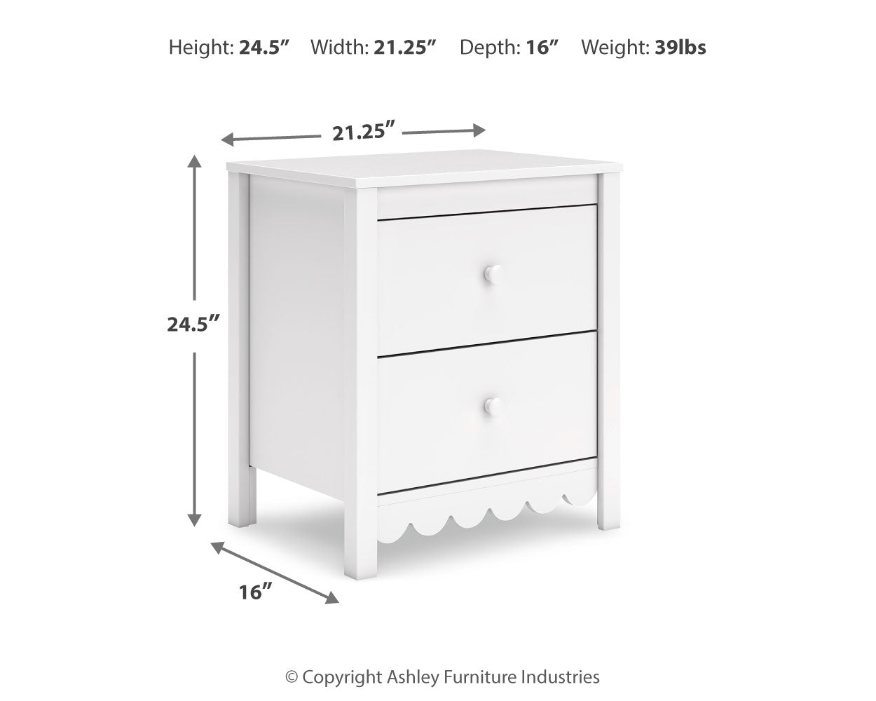 Dimension diagram of Hallityn Nightstand showing height, width, and depth