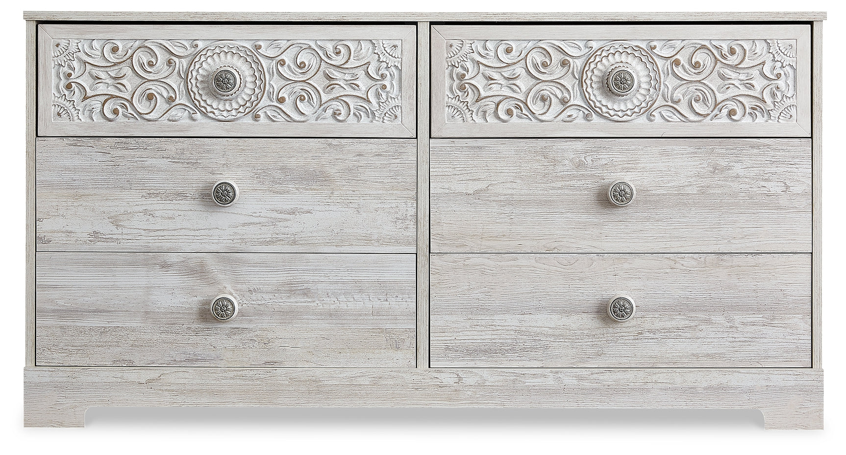 Paxberry dresser hardware close-up with worn paint effect