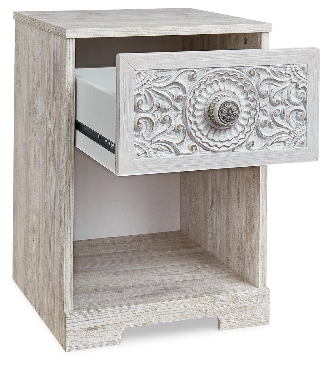Paxberry Whitewash Nightstand open drawer angle