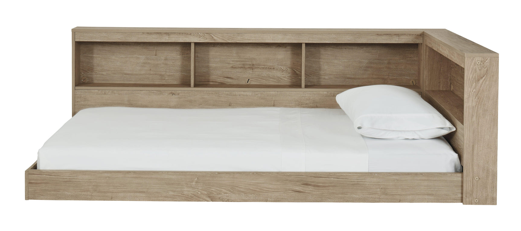 Oliah Natural Twin Bookcase Storage Bed side view with upholstered side rails