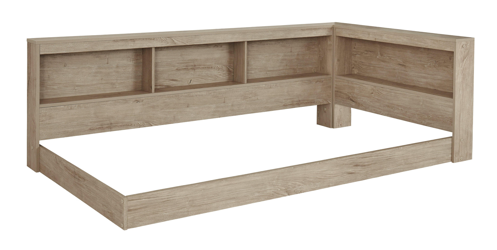 Oliah Natural Twin Bookcase Storage Bed head-on view highlighting bookcase headboard