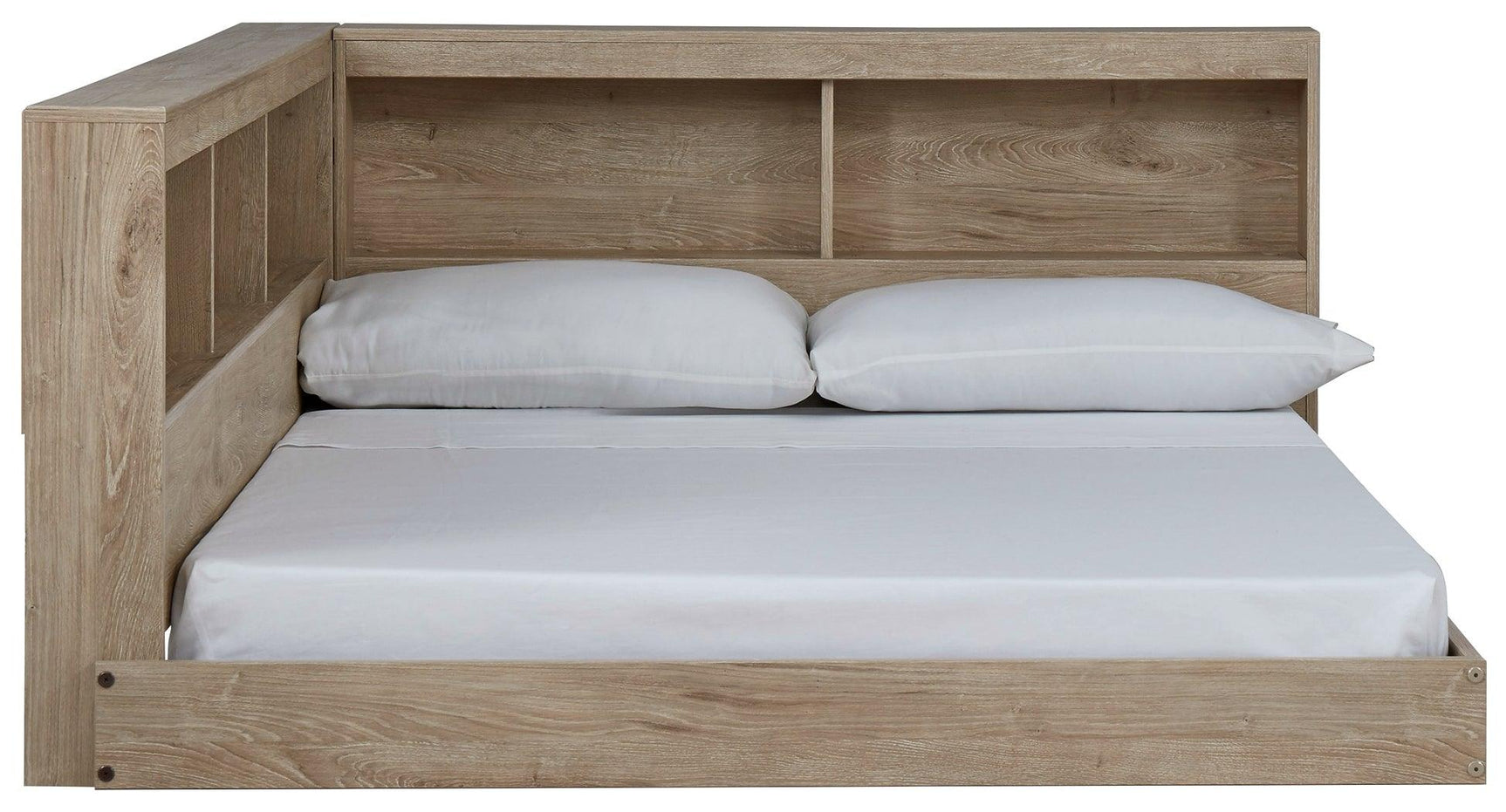 Side profile of Oliah natural finish bed and side rail storage