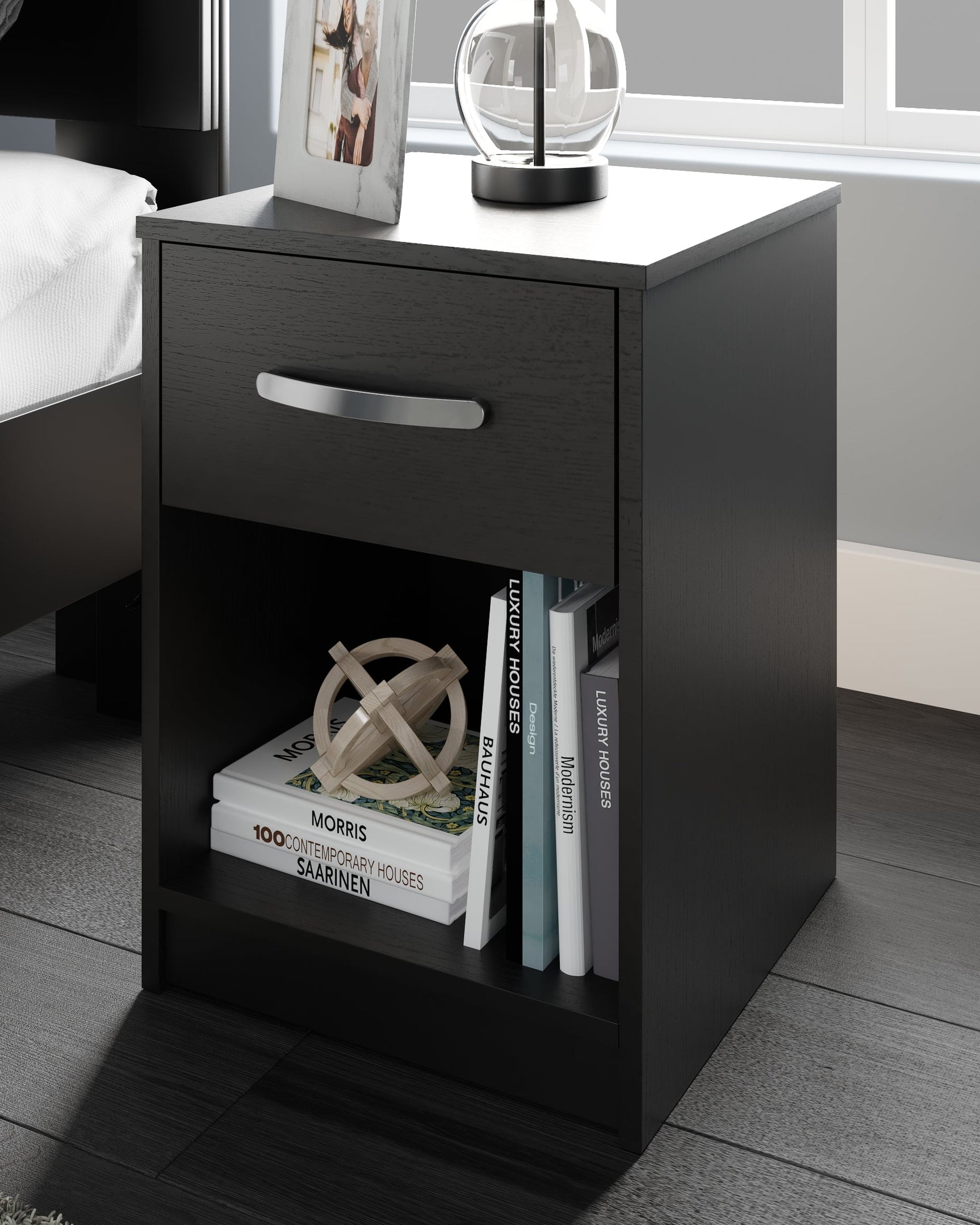 Finch Black Nightstand with drawer and open cubby