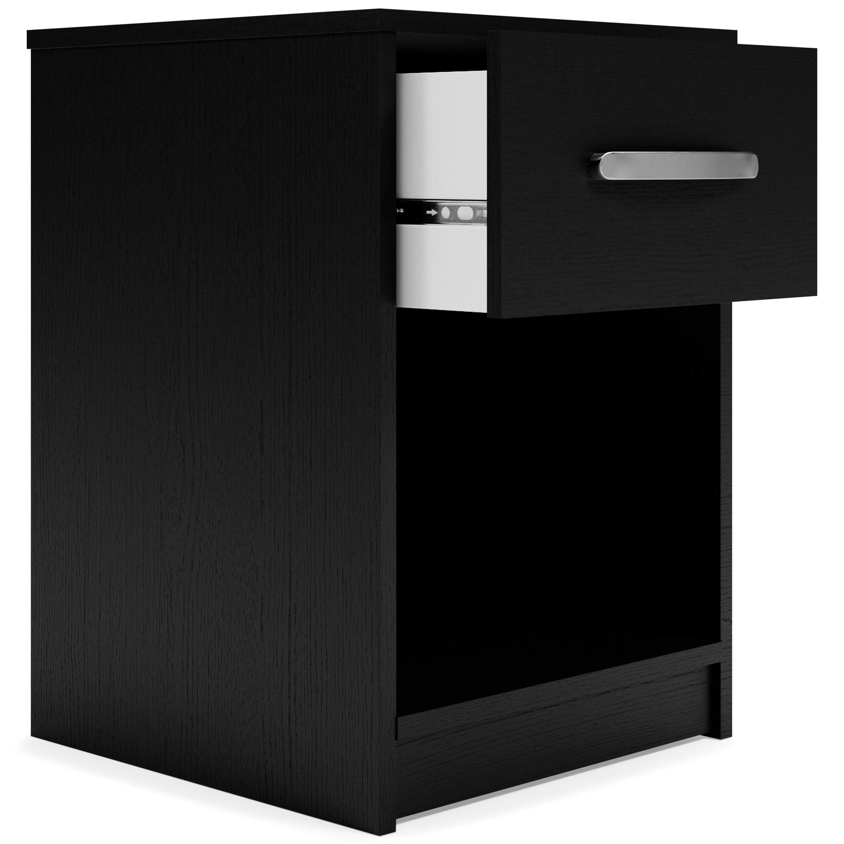 Open drawer of Finch Black Nightstand showing interior