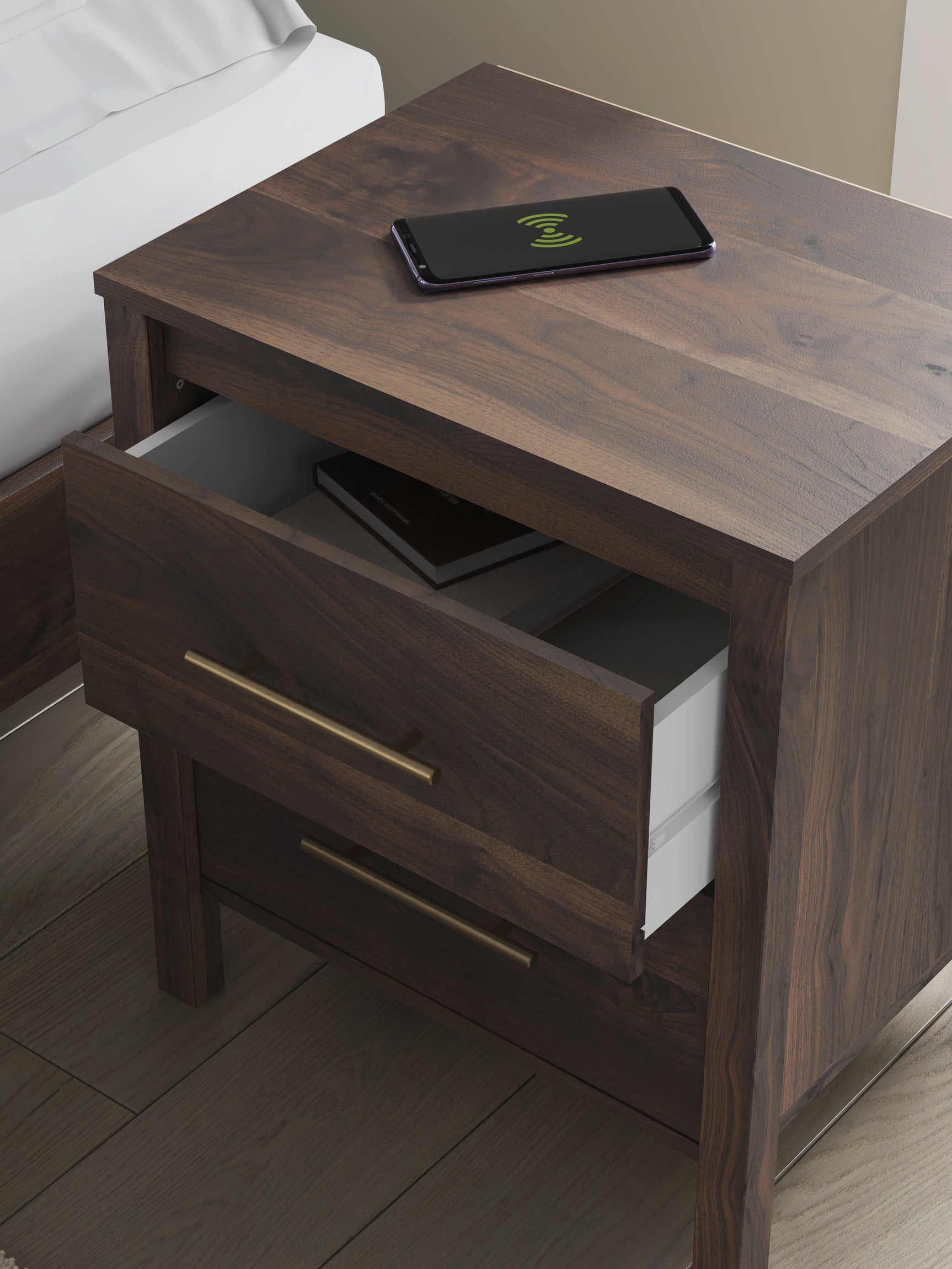 Calverson Mocha Nightstand with open drawer and goldtone handle