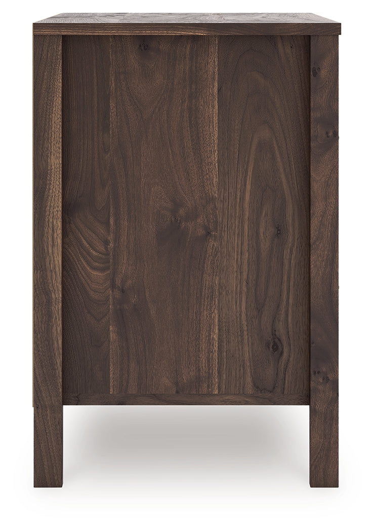 Calverson Mocha Nightstand with open drawer and goldtone handle
