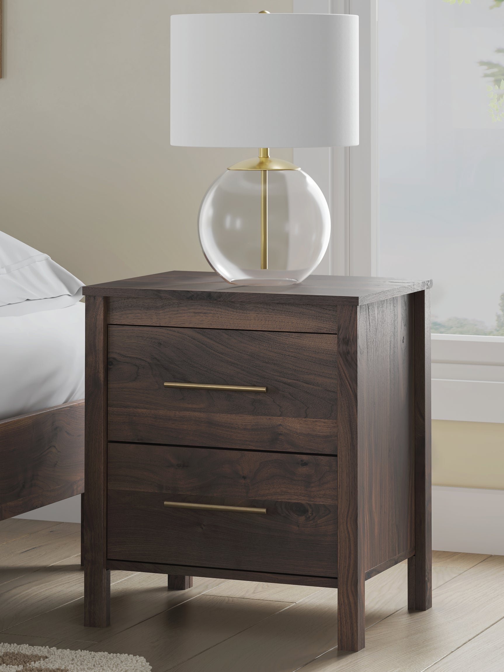 Calverson Mocha Nightstand with open drawer and goldtone handle