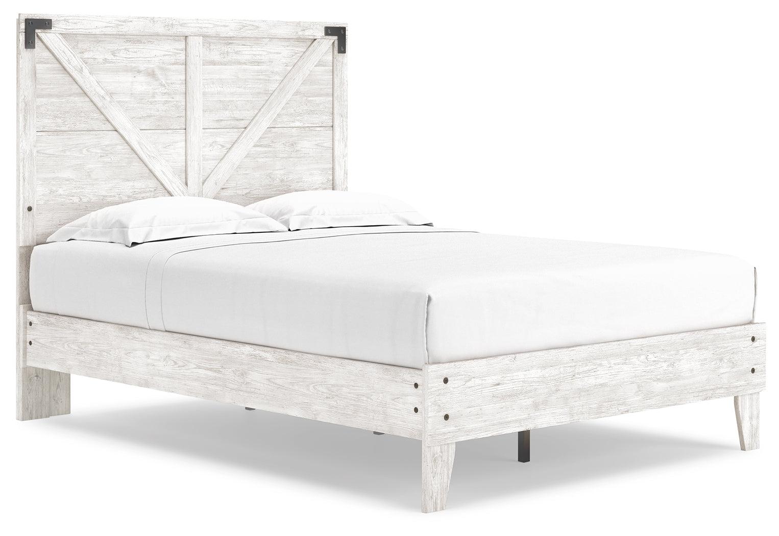 Shawburn Full Crossbuck Panel Platform Bed headboard close-up, white and charcoal gray finish