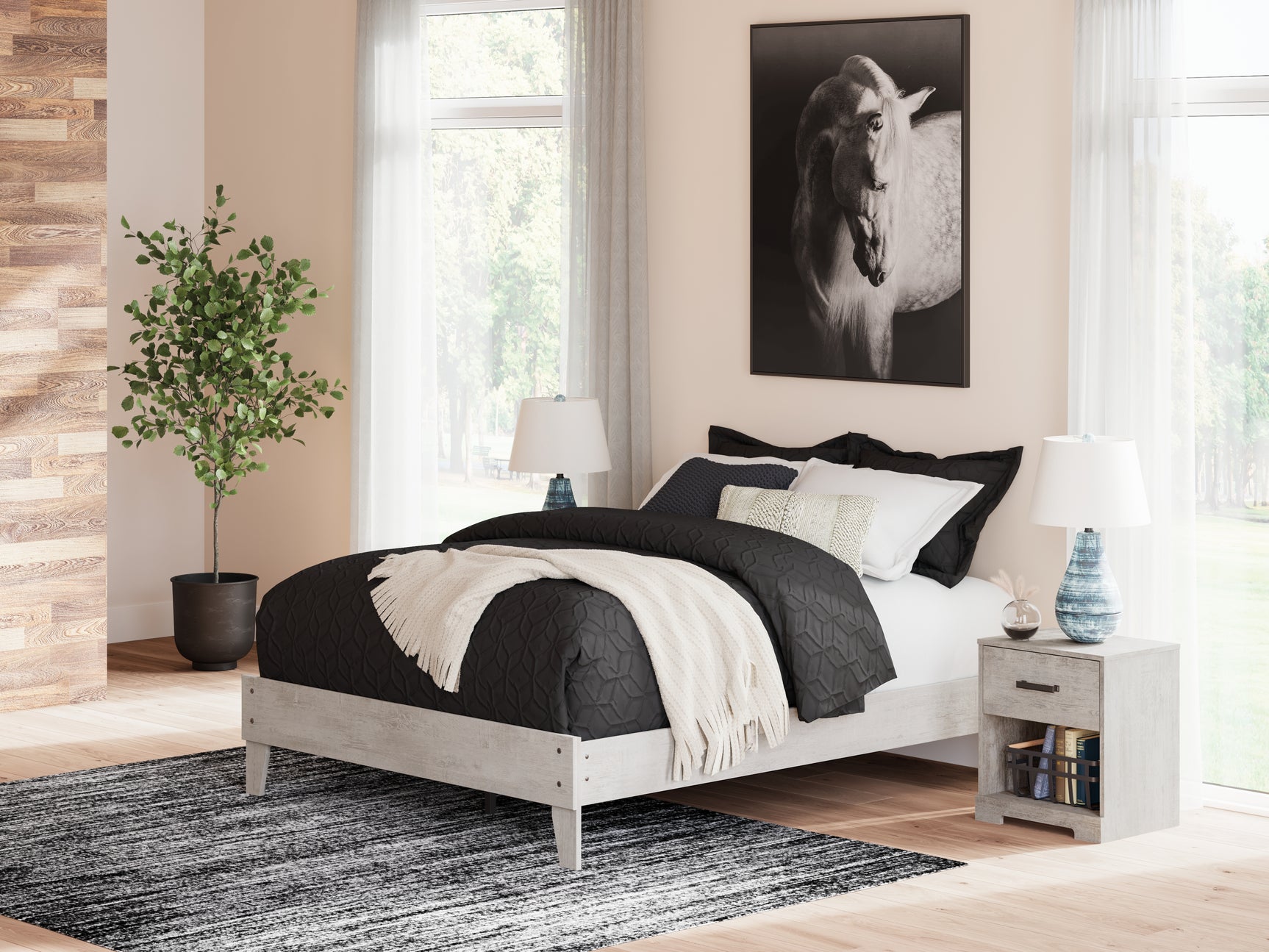 Shawburn Whitewash Queen Platform Bed showing front angle