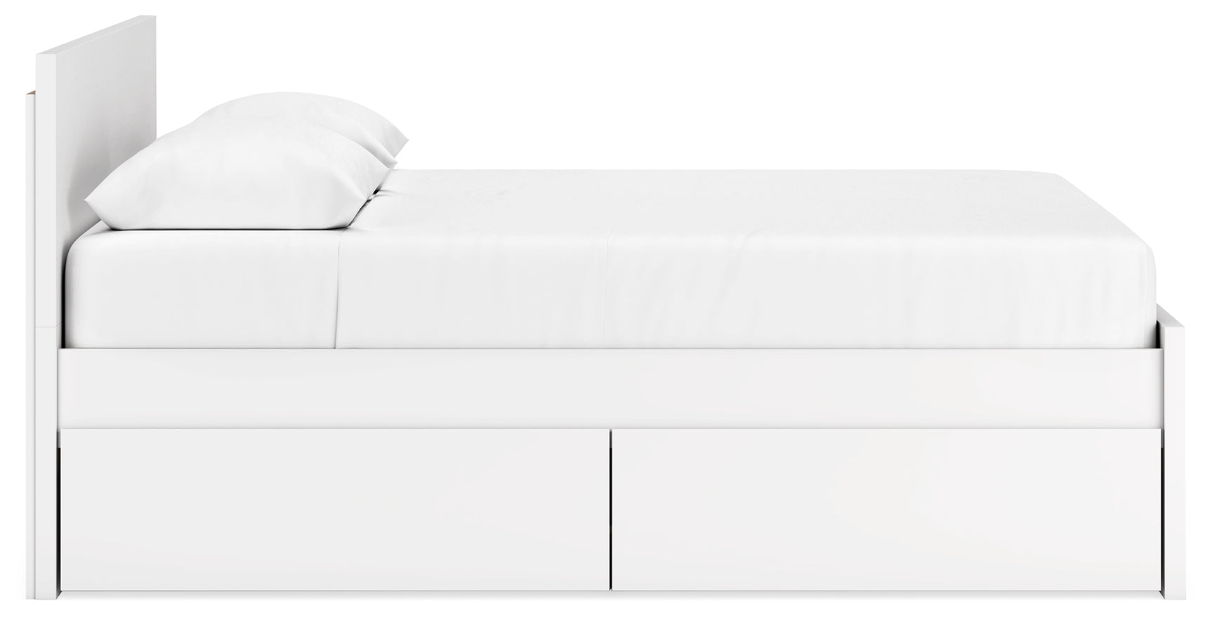 Onita queen bed side view with drawers closed
