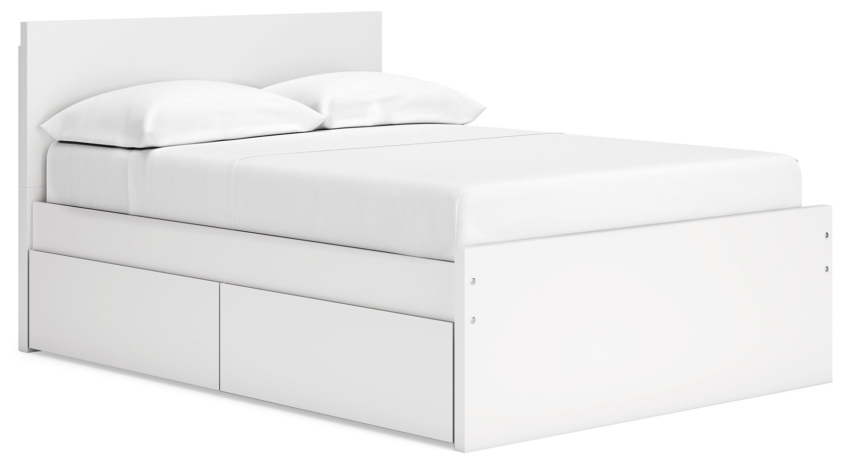 Onita white full-size panel platform bed, angled front left view