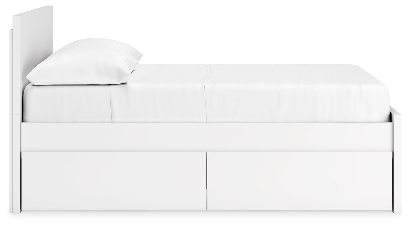 Side view of Onita full-size white platform bed