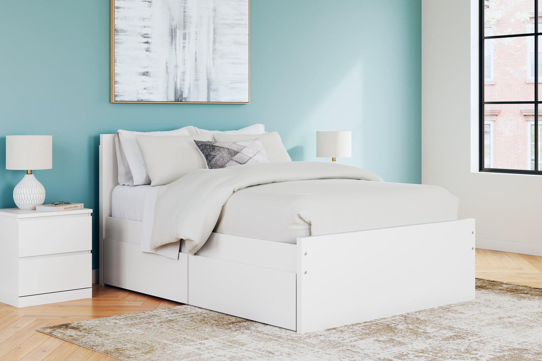 Full side view of Onita white panel platform bed with storage