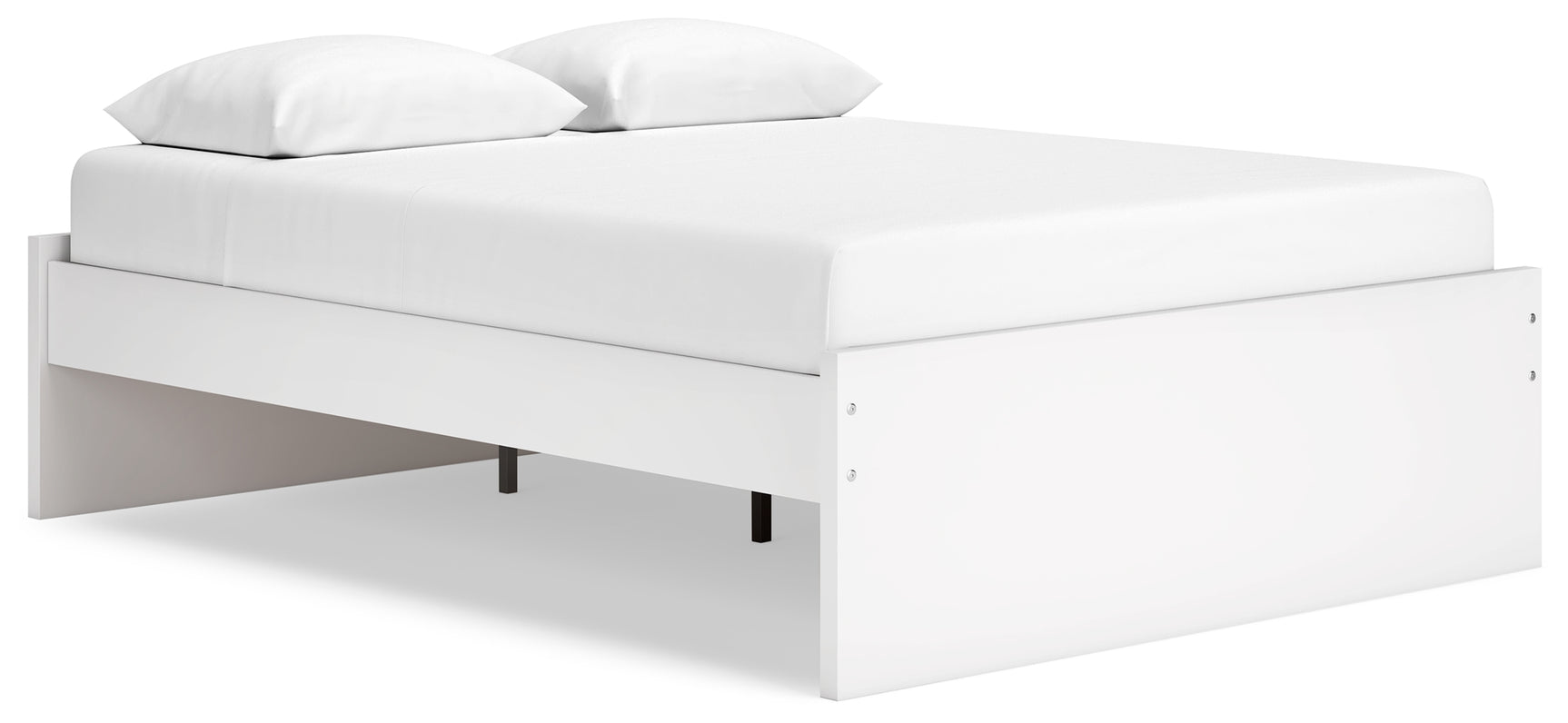 Onita White Queen Platform Bed, side angle highlighting slim frame and roll slat support