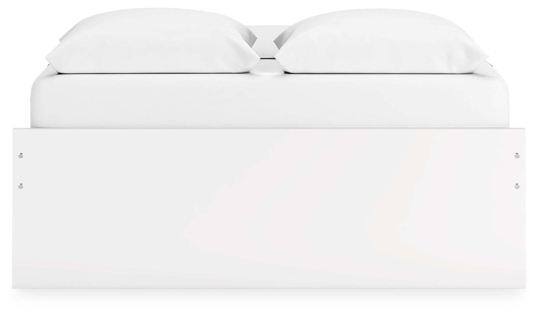 Onita White Queen Platform Bed, close-up of slat support and frame