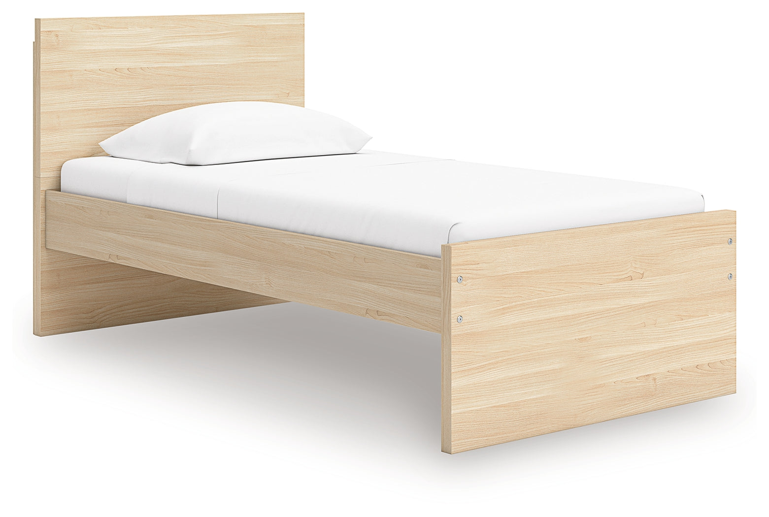 Side angle of Onita Natural Twin Panel Platform Bed showing natural finish